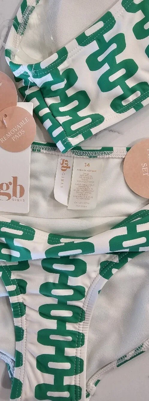GB Green Link-Print One-Shoulder Girls' Bikini 2 Piece Swim Suit. Size 14 NWT